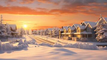 ai generado dorado puesta de sol se baña Nevado suburbano casas en calentar resplandor en invierno noche, ai generado. foto