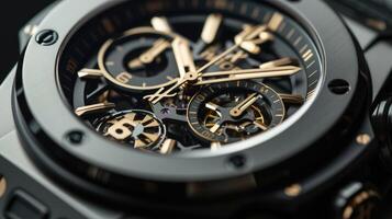 AI generated Close up of watch featuring sleek black and gold hands, epitomizing timeless elegance. Ai Generated. photo