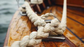 ai generado cerca arriba de cuerda en de madera barco vitrinas náutico detalles con rústico encanto. ai generado. foto