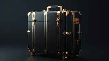 AI generated Elegant black suitcase with gold handles set against a sleek black backdrop. Ai Generated. photo