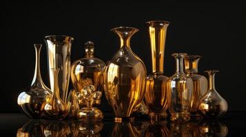 AI generated Shiny glass vases stand elegantly against black backdrop, reflecting sophistication. Ai Generated photo