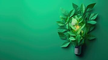 AI generated Innovative eco-friendly lightbulb crafted from vibrant green paper leaves, symbolizing sustainability, Ai Generated. photo