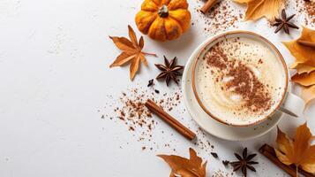 ai generado ingeniosamente arreglado calabaza especia latté con canela palos, otoño hojas en blanco, ai generado. foto