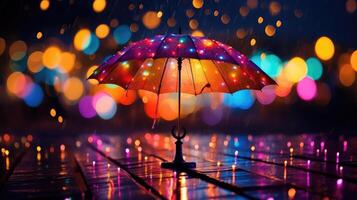 AI generated Vibrant umbrella amidst festive bokeh lights creates mesmerizing display. Ai Generated photo