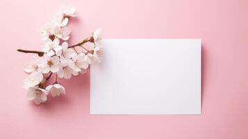 AI generated Tranquil scene with a blank card amidst cherry blossoms on soft pink. Ai Generated photo