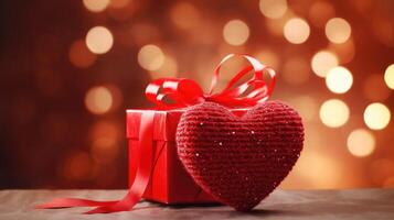 AI generated Red gift box with a beige ribbon alongside a knitted heart, creating a warm gesture. Ai Generated photo