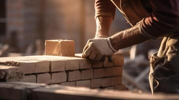 AI generated Close-up of an industrial bricklayer installing bricks on a construction site. Ai Generated photo