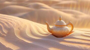 AI generated An ornate gold teapot rests gracefully on desert sands, Ai Generated. photo