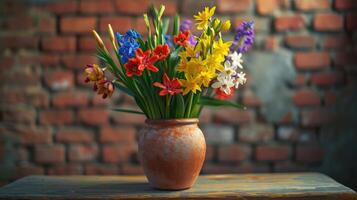 AI generated Spring flowers grace a ceramic pot on a table, set against a rustic brick wall backdrop. Ai Generated. photo