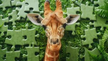 AI generated Cute giraffe engrossed in a jigsaw puzzle, adding a whimsical touch, Ai Generated. photo