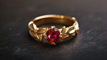AI generated A ruby gold ring, a symphony of elegance and opulence, graced with the rich glow of precious metal and vibrant gem, Ai Generated. photo