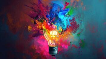 AI generated Dive into creative inspiration with a colorful liquid paint lightbulb against a dark backdrop. Ai Generated photo