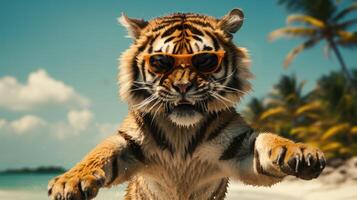 AI generated Experience the intensity of an tiger leaping onto the beach in a stunning close-up photo, Ai Generated. photo