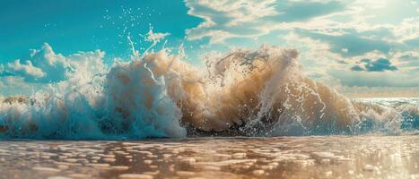 AI generated Powerful waves gracefully break on the sandy shore, a mesmerizing display of nature's force. Ai Generated photo