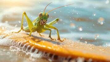 AI generated A cute grasshopper surfer enjoys a fun-filled summer day at the beach, riding waves with enthusiasm, Ai Generated. photo