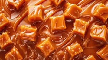 AI generated Decadent caramel candies drizzled with sauce, forming a sweet background. Tempting texture, Ai Generated. photo