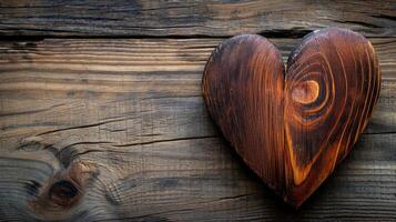 AI generated Wooden heart accentuates rustic brown backdrop, offering ample space for personalized text, Ai Generated. photo