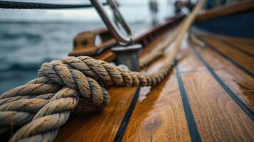 ai generado cerca arriba de cuerda en de madera barco vitrinas náutico detalles con rústico encanto. ai generado. foto