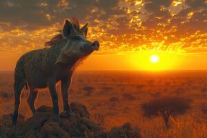 AI generated A proud pig standing confidently atop a rugged outcrop, showcasing strength and resilience, Ai Generated. photo