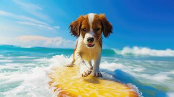 AI generated A cute puppy surfer enjoys a fun-filled summer day at the beach, riding waves with enthusiasm, Ai Generated. photo