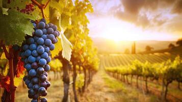 ai generado maduro uvas disfrutar en el puesta de sol resplandor de un viñedo en toscana, Italia, ai generado. foto