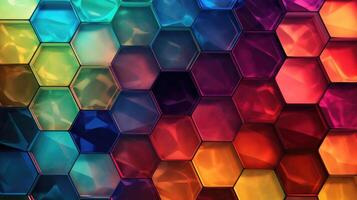 AI generated Abstract background features multicolored glass hexagons, forming a captivating and dynamic composition. Ai Generated. photo