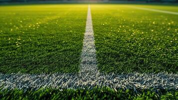 AI generated Soccer field in football stadium features precise grass patterns, enhancing the athletic ambiance. Ai Generated. photo