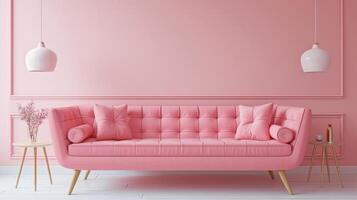 AI generated Pink pastel sofa complements pink walls in a cozy living room mock-up. Harmonious hues, Ai Generated. photo