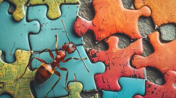 AI generated Cute ant engrossed in a jigsaw puzzle, adding a whimsical touch, Ai Generated. photo