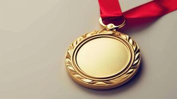 AI generated Close-up of a gold medal with ribbon, highlighting its prestigious blank surface. Ai Generated. photo