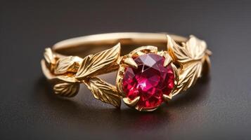 AI generated A ruby gold ring, a symphony of elegance and opulence, graced with the rich glow of precious metal and vibrant gem, Ai Generated. photo