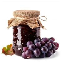 AI generated Delicious grape jam marmalade jelly preserves in a glass jar, accompanied by fresh grapes, displayed on a clean white backdrop, Ai Generated. photo