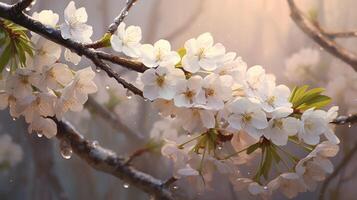 ai generado amanecer ligero ilumina blanco Cereza flores adornado con brillante gotas de lluvia, ai generado. foto