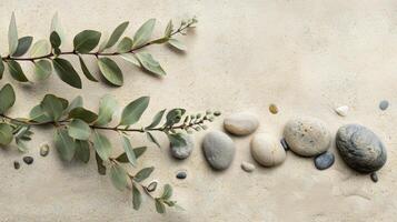 AI generated Tranquil composition of sage twig and pebble rocks on sandy surface. Ai Generated photo