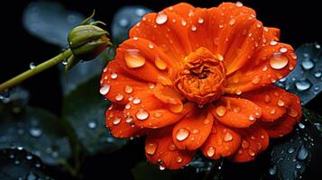 AI generated An orange flower radiates beauty under a gentle shower of raindrops, capturing nature's refreshing embrace. Ai Generated. photo