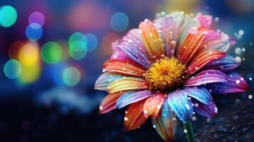 AI generated A multi-colored flower glistens with dew, set against a mesmerizing rainbow bokeh background. Ai Generated. photo