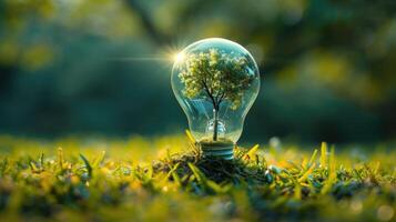 AI generated a tree flourishing within a lamp on a tranquil lawn. Ai Generated photo