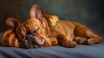 AI generated Whimsical depiction of a dog fashioned in the shape of a croissant, quirky charm, Ai Generated. photo