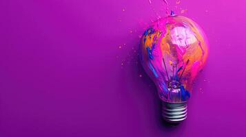 AI generated Imaginative concept featuring a colorful lightbulb crafted from liquid paint on a vibrant purple background, Ai Generated. photo