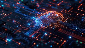 AI generated A neural circuit intertwines with an electronic cyber brain in a quantum computing system. Futuristic, Ai Generated. photo