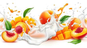 AI generated Peach and mango blend into milk, yogurt, sour cream, creating a refreshing splash, Ai Generated. photo