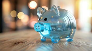 AI generated Glass piggy bank in serene blue hue rests on wooden table, inviting savings. Ai Generated photo