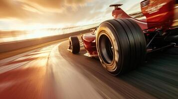 AI generated Racer speeds on a racing car, dominating the track with adrenaline-fueled intensity. Ai Generated. photo