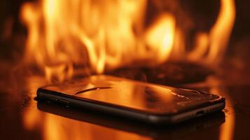 AI generated Close-up of a cell phone on a table, juxtaposed against flickering flames, Ai Generated. photo