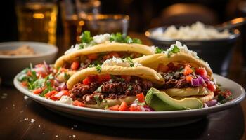 AI generated Grilled beef taco plate with fresh vegetables and guacamole generated by AI photo