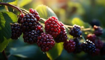 AI generated Freshness of nature ripe, organic berry fruit on leaf generated by AI photo