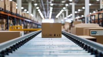 AI generated Experience the seamless operation of a distribution warehouse as cardboard box packages move along the conveyor belt. Ai Generated photo