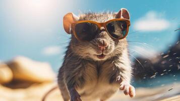 ai generado juguetón rata correteadores sobre el playa, agregando un guión de inesperado encanto con minúsculo Gafas de sol, ai generado. foto