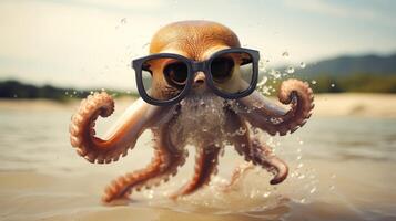 AI generated Experience the intensity of an octopus leaping onto the beach in a stunning close-up photo, Ai Generated. photo