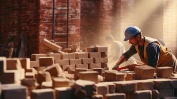 AI generated Close-up of an industrial bricklayer installing bricks on a construction site. Ai Generated photo